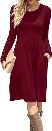 DB MOON Women Casual Long Sleeve Dresses Empire Waist Knee Length Loose Dress with Pockets