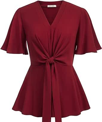 GRACE KARIN 2023 Women's Elegant Peplum Tops V Neck Tie Front Short Bell Sleeve Shirts Tops Blouse