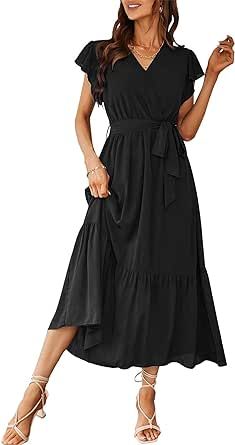 PRETTYGARDEN Women's 2023 Floral Boho Dress Wrap V Neck Short Sleeve Belted Ruffle Hem A-Line Flowy Maxi Dresses