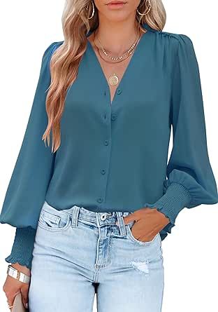 Aifer Womens Blouse Lantern Long Sleeve Dressy Casual Tops V Neck Button Down Shirts Blouses 2023