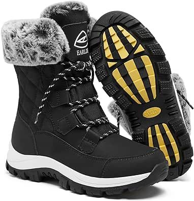 EARLDE Women’s Snow Boot With Waterproof Lace Up Mid-Calf Outdoor Winter Deep Tread Rubber Sole